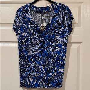 Cable & Gauge Blue Black and White Printed Short Sleeve Blouse